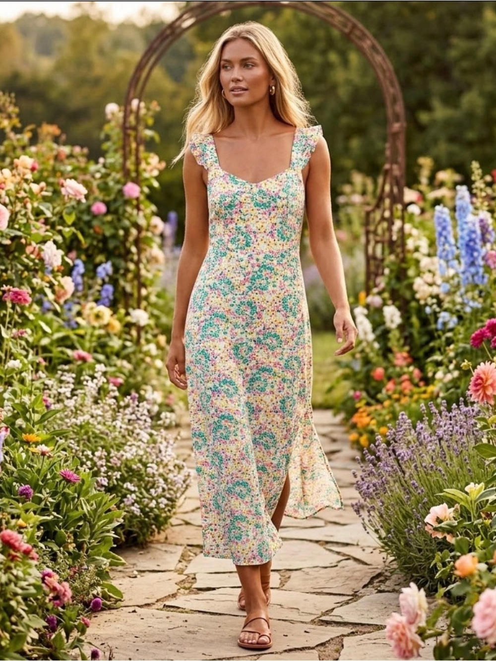 LOFT Pink Green Yellow Floral Cottagecore Summer Spring Vacation Maxi Dress Sz 4